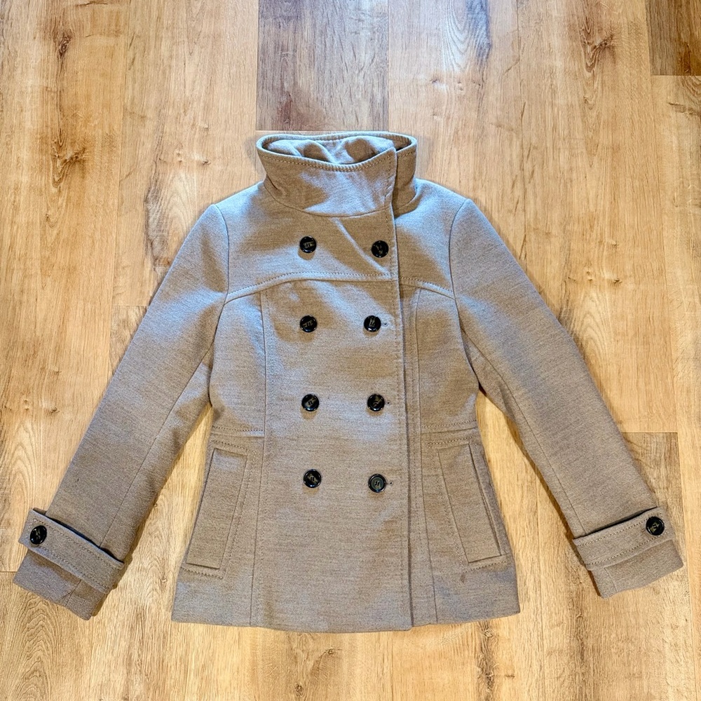 Women’s H&M Beige Wool Blend Double Breasted High-Collar Peacoat – Size 10